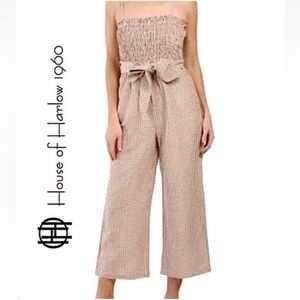 House Of Harlow 1960 Womens Brown Gingham Jumpsuit Medium Wide Leg Smocked Linen